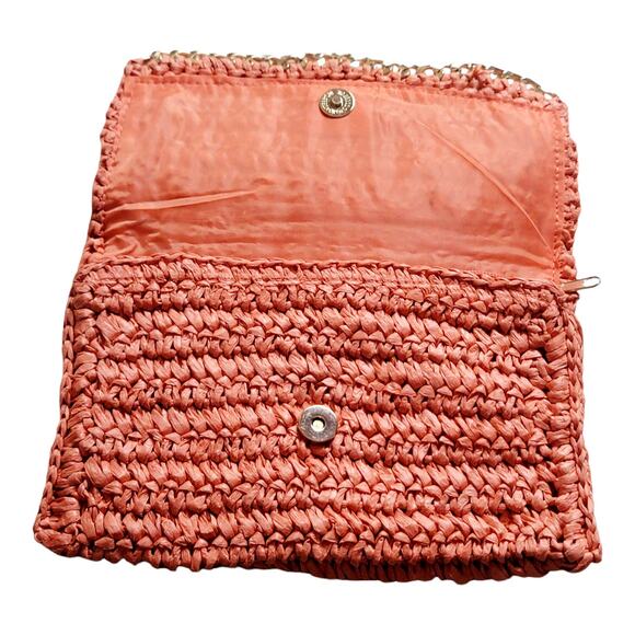 H & M Women's Orange Straw Woven Magnetic Clutch Zip Fold Over Purse 9" - Picture 3 of 8